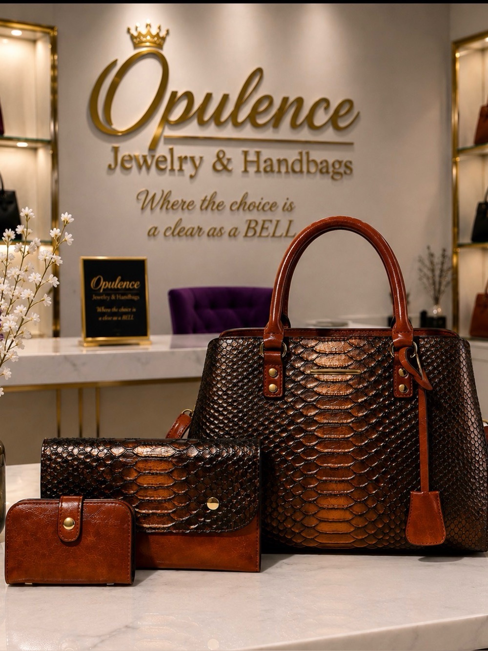 Brown Textured Snake Skin Handbag Set